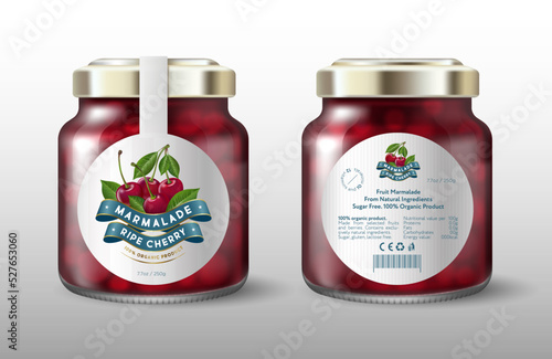 Cherry marmalade. Cherries and silk ribbons. White round label for sweet preservation. Mock up of a glass jar with a label.