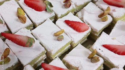 Close up of desserts Matcha Strawberry cake 