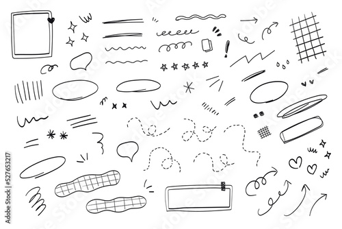 Hand drawn doodle set, black and white sketch scribble lines, text and quote decoration 