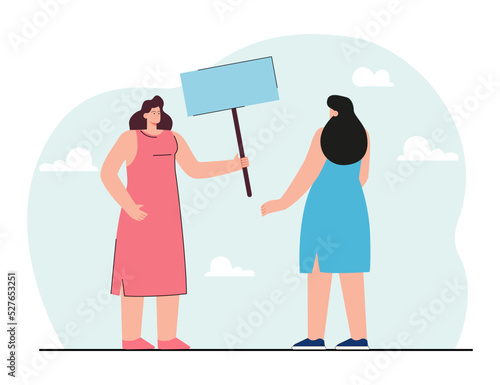 Cartoon woman showing blank placard to female character. Back view of girl looking at activist with sign flat vector illustration. Announcement, social awareness, democracy concept for banner