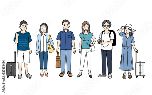 夏旅　旅行に行く人々　帰省　観光客　夏休み　イラスト