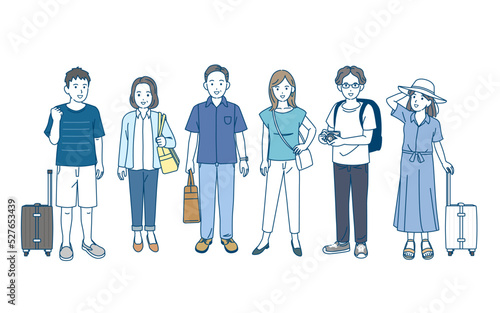 夏旅　旅行に行く人々　帰省　観光客　夏休み　イラスト