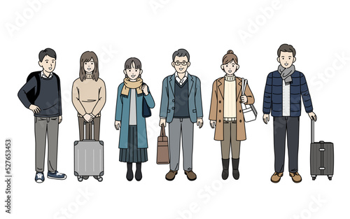 冬旅　秋旅　旅行に行く人々　帰省　観光客　冬休み　イラスト