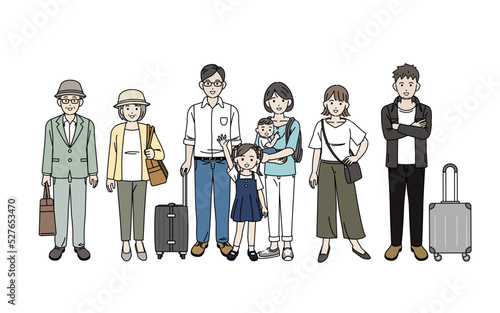 春旅　旅行に行く人々　家族旅行　帰省　観光客　春休み　イラスト