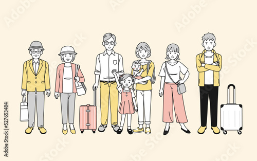 春旅　旅行に行く人々　家族旅行　帰省　観光客　春休み　イラスト