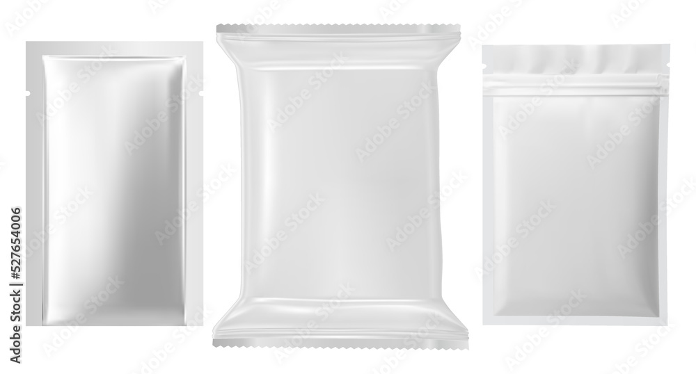 Foil Pouch Pack Mockup. Foil Sachet Vector Package Blank. Wet Sheet Bag 