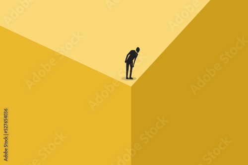 businessman on top looking down from building. Business crisis, depression or burnout syndrome vector concept. Symbol of stress, recession