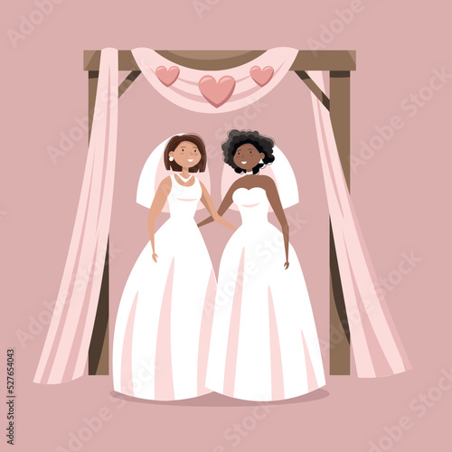 Flat vector wedding of two lesbian women. Female marriage. Black and white women in love.