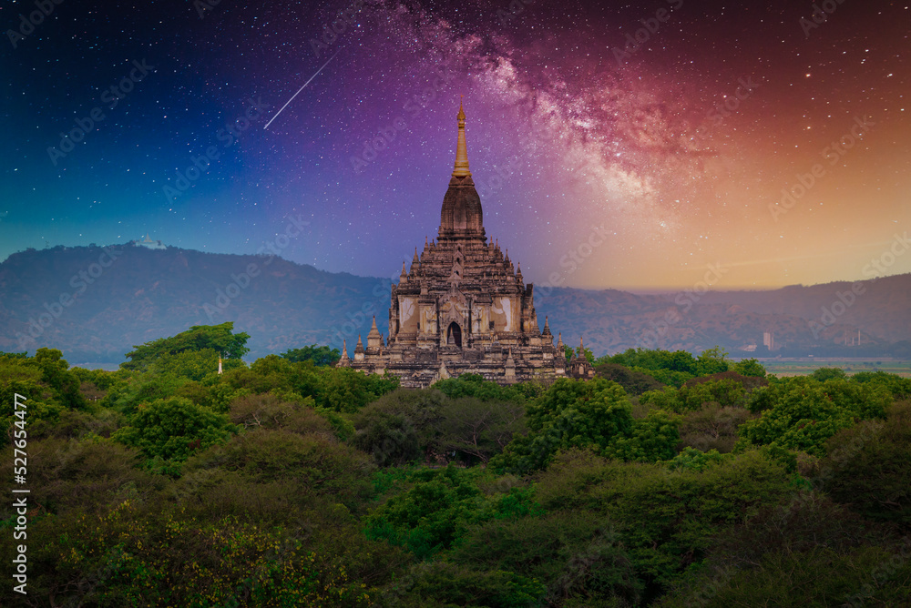 Landscape image of Ancient pagoda with milky way at night in Bagan, Myanmar.
