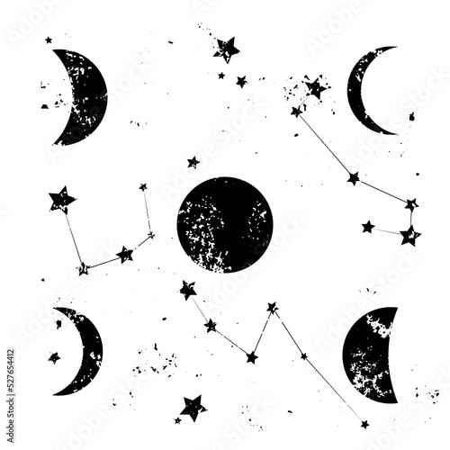 Moon phases and constellation stars. Set of vintage hand drawn shiny cosmic objects on dark background. Universe objects retro textured print.