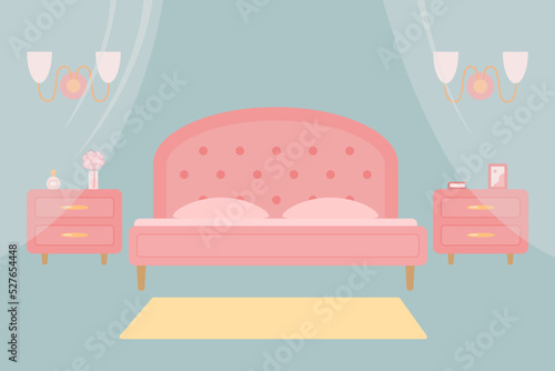 Cozy pink bedroom on grey background. Home interior concept