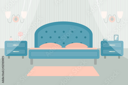 Cozy pink bedroom on grey background. Cartoon flat style