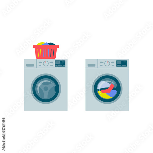 Washing machine washing laundry on white background