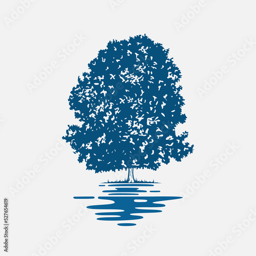 Vector silhouette illustration of a tree by the river