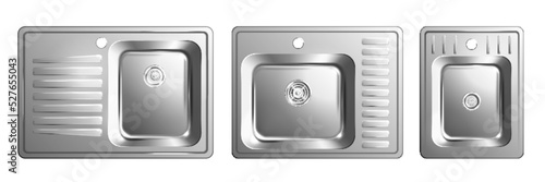 Realistic Metal Sink Icon Set
