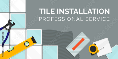 Professional tile installation banner with tools
