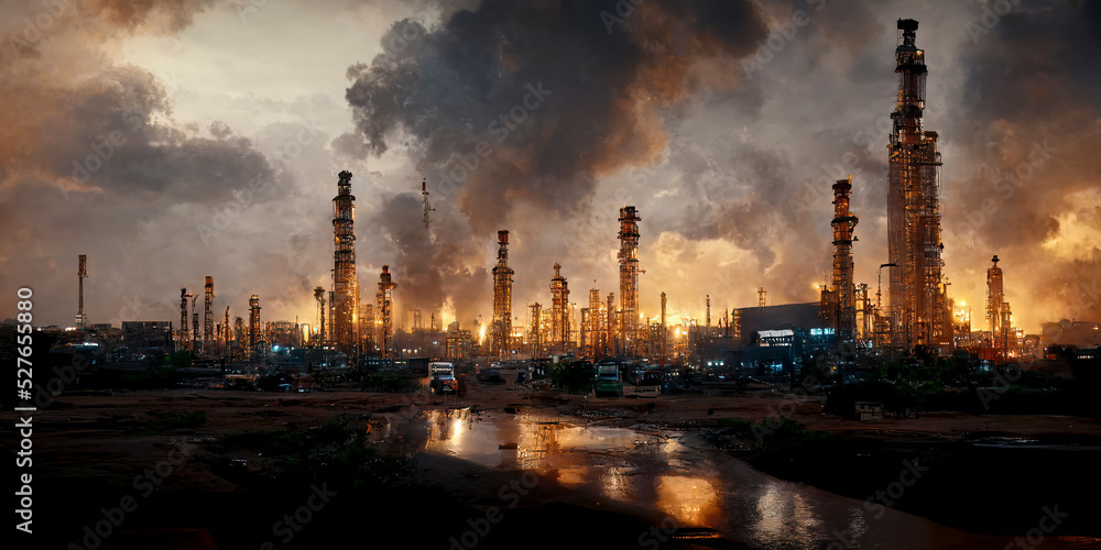 Oil Refinery at Dusk, Petrochemical Industrial Plant