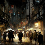 Rainy night in imaginary city, people with umbrellas walking in the alley, worm light from windows, storefronts and illuminated advertising panels, illustration