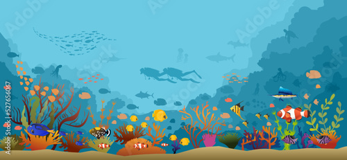 Underwater nature and marine wildlife. tropical fishes and coral reef background. Vector