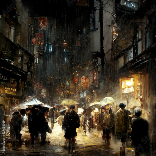 Rainy night in imaginary city, people with umbrellas walking in the alley, worm light from windows, storefronts and illuminated advertising panels, illustration