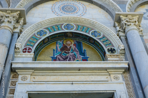 Pisa, Tuscany, Italy 08-28-2022. Details of the mosaic located on the front of Pisa Cathedral. The Piazza dei Miracoli, name with which the Piazza del Duomo is known in the world.