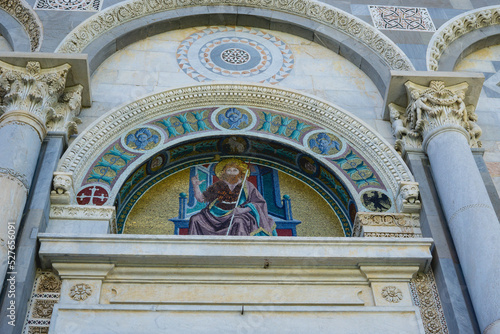 Pisa, Tuscany, Italy 08-28-2022. Details of the mosaic located on the front of Pisa Cathedral. The Piazza dei Miracoli, name with which the Piazza del Duomo is known in the world.