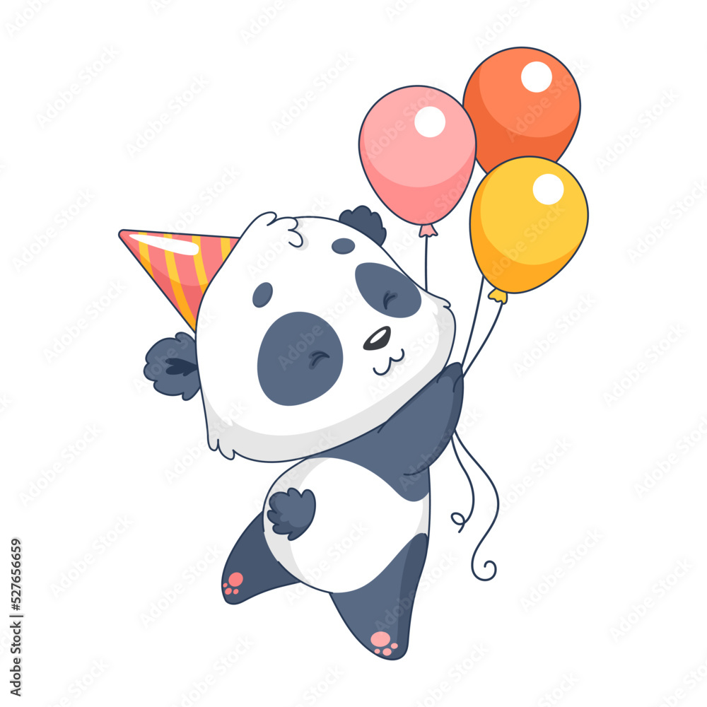 Naklejka premium Cute little panda in a party hat with colorful balloons