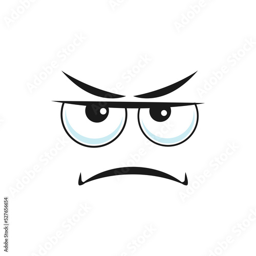 Cartoon face, vector displeased emoji with squinted eyes look sullenly and closed mouth with corners curved down. Negative facial expression, sullen feelings isolated on white background