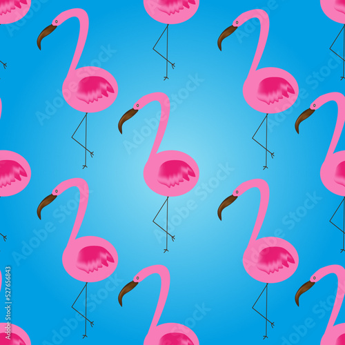 Seamless pattern with pink flamingos on blue gradient background. Set of tropical birds. Banner with collection of pink flamingos. Exotic summer concept.