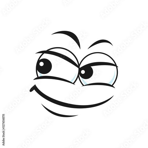 Cartoon face, intruder, smirk or simper emoji. Vector funny facial expression with smiling mouth and half-closed eyes. Comic character feelings, isolated emotion personage