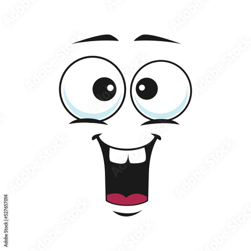 Happy cartoon face with wide smile, vector excited facial emoji. Funny emotion, comic character face with toothy smiling mouth and round eyes isolated on white background