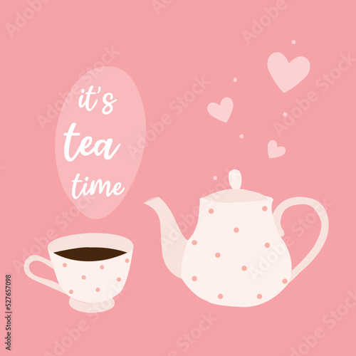 Cute pink breakfast illustration with tea cup and teapot. Cup of hot drink with love  cozy.