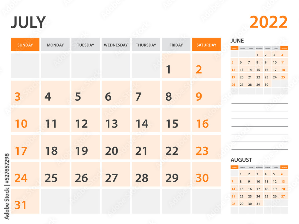 Calendar 2022 template-July 2022 year, monthly planner, Desk Calendar 2022 template, Wall calendar design, Week Start On Sunday, Stationery, printing, office organizer vector Calendar 2022 template-July 2022 year, monthly planner, Desk Calendar 2022 template, Wall calendar design, Week Start On Sunday, Stationery, printing, office organizer vector
