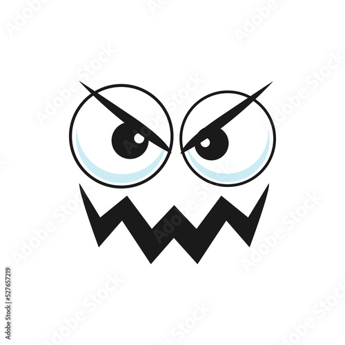 Cartoon villain face vector emoji with angry eyes and sharp teeth. Negative facial expression, malefactor comic character with furrowed brows and toothy mouth isolated creepy personage