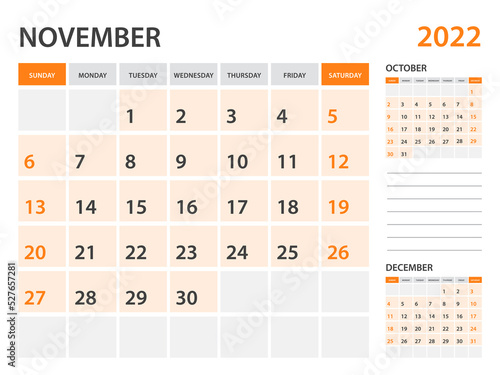 Calendar 2022 template-November 2022 year, monthly planner, Desk Calendar 2022 template, Wall calendar design, Week Start On Sunday, Stationery, printing, office organizer vector