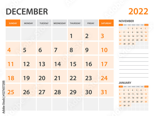 Calendar 2022 template-December 2022 year, monthly planner, Desk Calendar 2022 template, Wall calendar design, Week Start On Sunday, Stationery, printing, office organizer vector