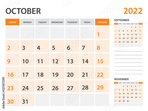 Calendar 2022 template-October 2022 year, monthly planner, Desk Calendar 2022 template, Wall calendar design, Week Start On Sunday, Stationery, printing, office organizer vector