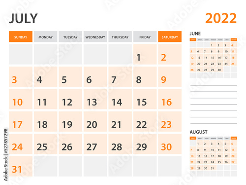 Calendar 2022 template-July 2022 year, monthly planner, Desk Calendar 2022 template, Wall calendar design, Week Start On Sunday, Stationery, printing, office organizer vector