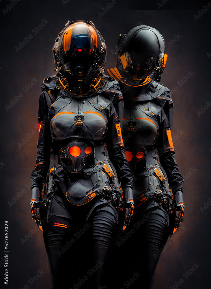 Two female bodies in futuristic Sci-Fi armour concept with innovative  technology for police or military forces, hyper resolution, photo realistic  3D illustration, 9:16 Illustration Stock | Adobe Stock