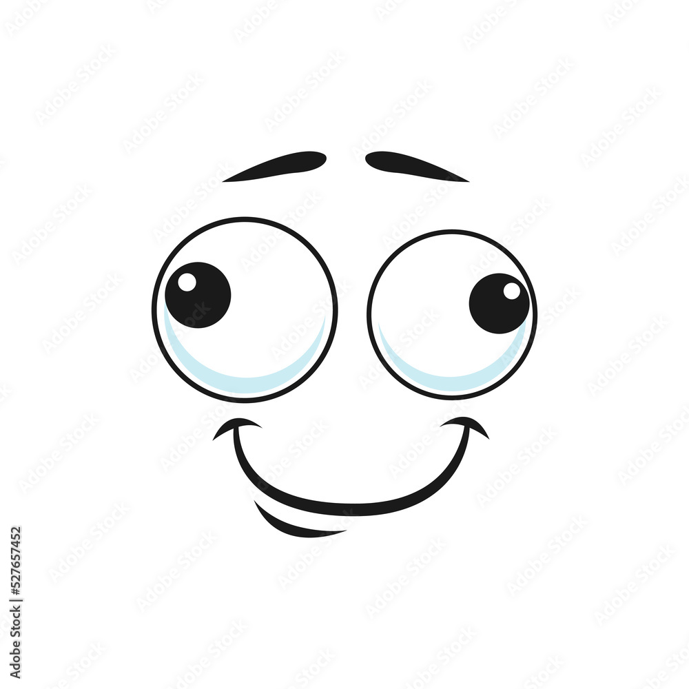 Cartoon face vector funny emoji with crazy slanting eyes and friendly ...