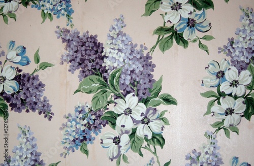 Lilac wallpaper from the early 1900s in an abandoned home in Bannack, Montana photo