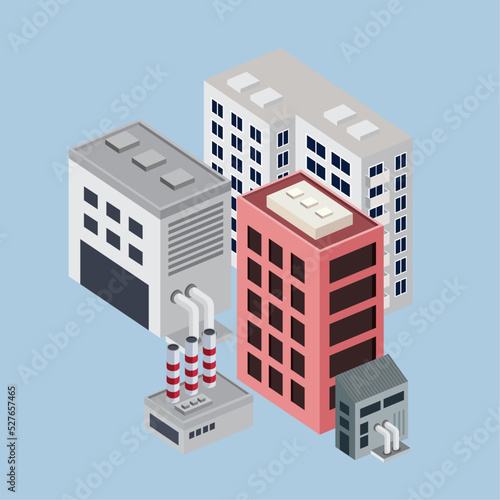 isometric gray and pink buildings