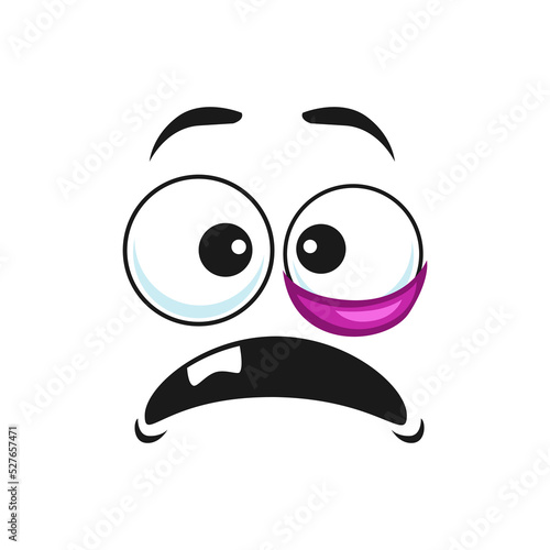 Cartoon funny face with goggle black eye, confused emoji, vector scared facial expression with open mouth with one tooth. Worry hooligan character negative feelings isolated on white background