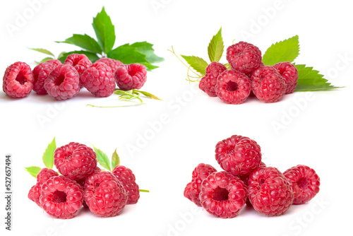 Raspberry isolated on a white background. Set of different composition of raspberries.