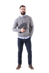 Smiling happy bearded businessman holding planner looking at camera. Full body isolated on transparent background.