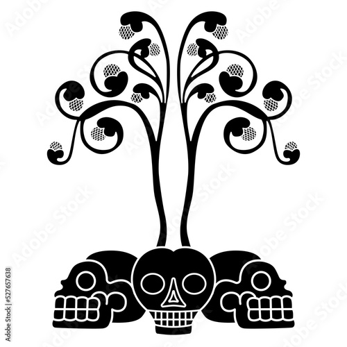 Creative design with ornate trees growing from human skulls. Symbol of death and regeneration. Black and white silhouette.