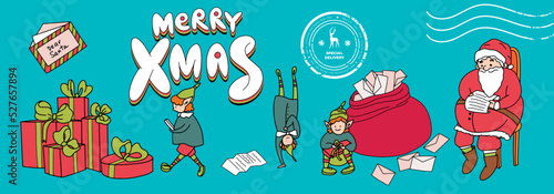 Merry Christmas banner. Set of Santa's workshop design elements, elves, bag with letters, Santa reads letters, bunch of gifts, stamp. Santa's post concept