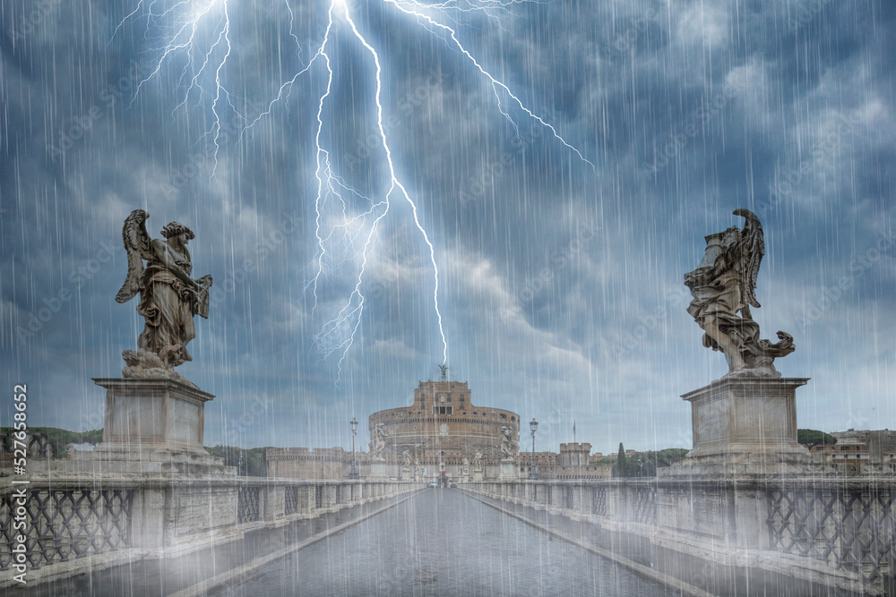 Rome capital of italy saint angelo bridge with rain clouds and thunder