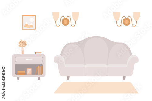 Cozy interior with light sofa. Cartoon flat style. Home interior concept. Vector illustration