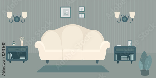 Cozy interior in dark colors with light furniture. Cartoon flat style. Home interior concept. Vector illustration